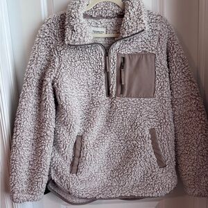 Abercrombie & Fitch Women Sherpa Pullover 1/4 Zip Faux Leather Trim Beige